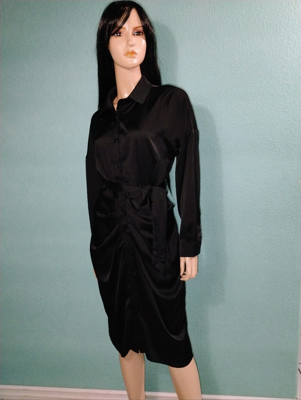 She + Sky Sz S Black Long Sleeve Button Down Ruched Dress "Flaw"